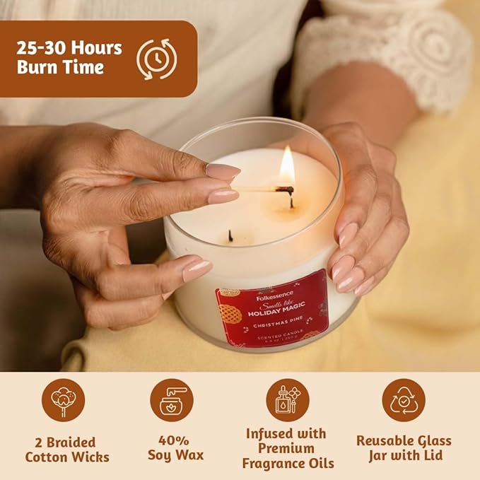 Folkulture Holiday Magic Christmas Scented Candle | Large 250g - Pine Scent | Two Wick Soy Christmas Candles | Non-Toxic Winter Candles for Relaxing | Long Lasting Aromatherapy | Xmas Holiday Gifts - Bloomnest