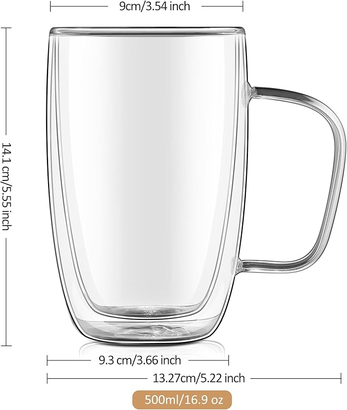 Joeyan Large Clear Double Walled Glass Coffee Mugs 16 oz, Double Layer Tea Latte Cappuccino Glasses Cups with Handle, Double Lined Insulated High Borosilicate Glassware for Hot Drinks, Set of 2 - Bloomnest