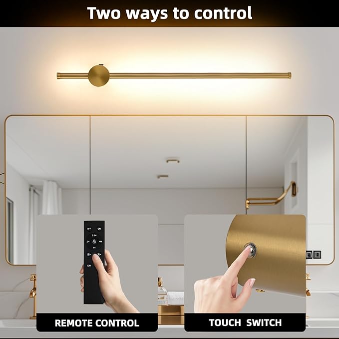 Battery Operated Wall Sconce USB Rechargeable Sconces, 23.6" Brushed Gold Wireless Wall lamp Set of 2, 3000K-6000K & Dimming with Remote Control, LED Wall Lights for Living Room, Bedroom - Bloomnest