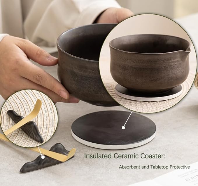 Matcha Whisk Set, Matcha Bowl with Spout and Coaster, Matcha Whisk and Holder, Sifter, Scoop, Spoon, Cleaning Brush - 10 Pcs Complete Ceramic Matcha Kit - Bloomnest