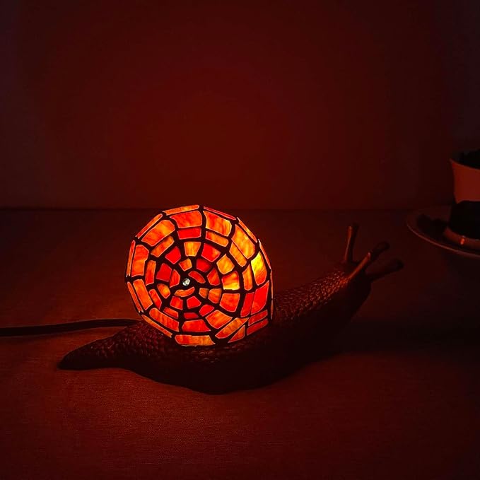 Bieye L10989 Land Snail Tiffany Style Stained Glass Accent Table Lamp for Home Decoration (Red, 10" D x 5" W x 5" H) - Bloomnest
