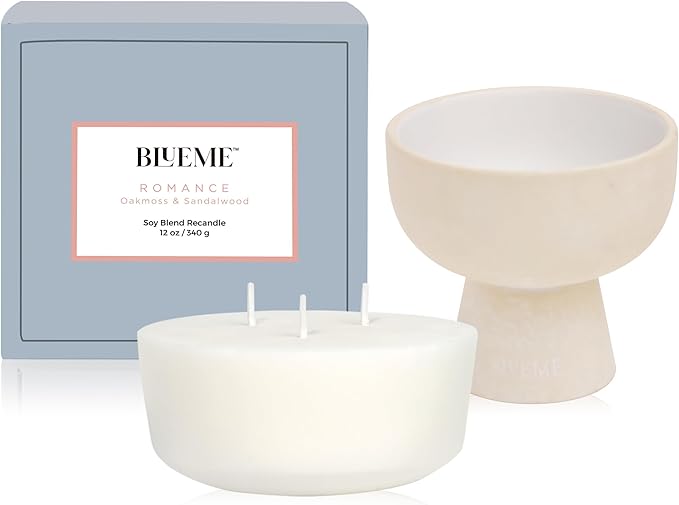 New BLUEME Wellness Candle Wax Refill, Contains Essential Oil, Sustainable, Hand Finished, Hand Poured, Premium, Luxury Ceramic, Natural Cotton Wick (12oz, Oakmoss & Sandalwood) - Bloomnest