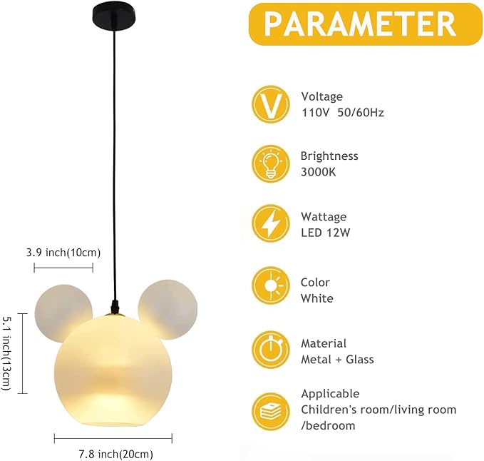 Cartoon Mouse Pendant Light Creative Personality Frosted Glass Chandelier Cute Fun Children's Bedroom Height Ceiling Lamp Shade Hanging Lights for Cafe Dining Room Bedroom, White, (001) - Bloomnest