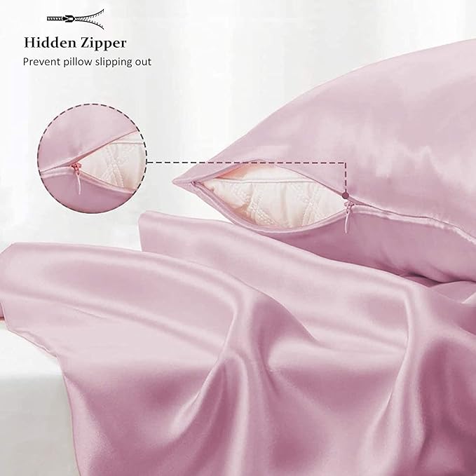 Adubor Silk Pillowcase 2 Pack for Hair and Skin with Hidden Zipper, Both Sides 23 Momme Silk Pillow Case (Pink, Standard: 20''x26'') - Bloomnest