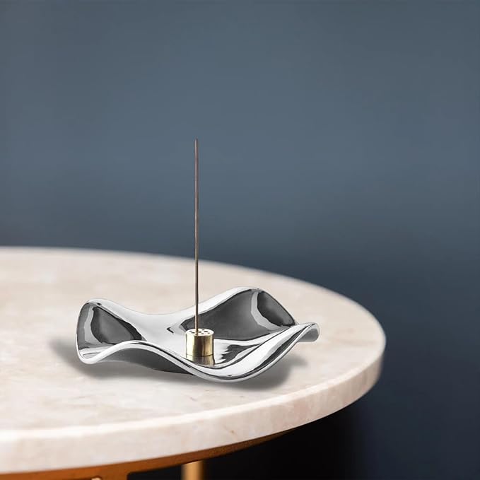 6.7 "Ceramic Incense Burner for Incense/Coil,Wavy Base with Brass -Incense Holder for Sticks,with Ash Catching Bowl for Meditation Yoga and Home Decoration (Silver)