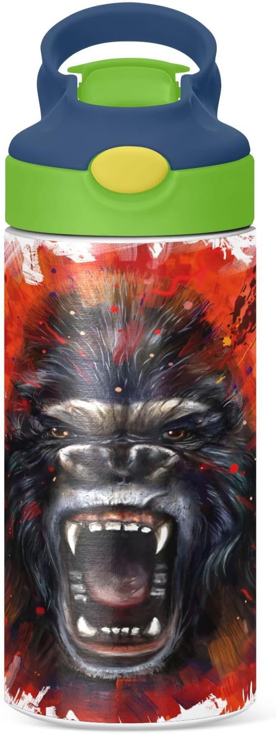 King Kong Kids Water Bottle with Straw Lid Insulated Tumbler with Handle Stainless Steel Reusable Toddlers Cup for Kids Boys 12 oz - Bloomnest
