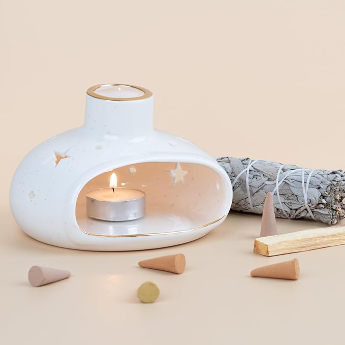 ZenBless 3 in 1 Incense Holder for Palo Santo Sticks Sage Incense, Handcrafted Ceramic Incense Burner Holder Ash Catcher with Chimney, Smudge Bowl for Yoga Meditation Room Home Decor ZenBless