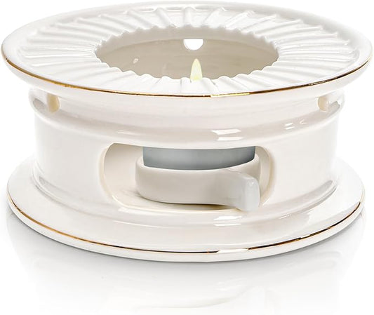 Ceramic Teapot Warmer, Gold Rim Teapot Heater with Candle Holder, White Porcelain Tea Kettle Holder Warming Base for Heating Coffee, Milk, Water, Soup