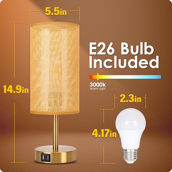 Yarra-Decor Bedside Lamp with USB Port - Touch Control Table Lamp for Bedroom Wood 3 Way Dimmable Nightstand Lamp with Round Flaxen Fabric Shade for Home Office (LED Bulb Included) (Y - NET) - Bloomnest