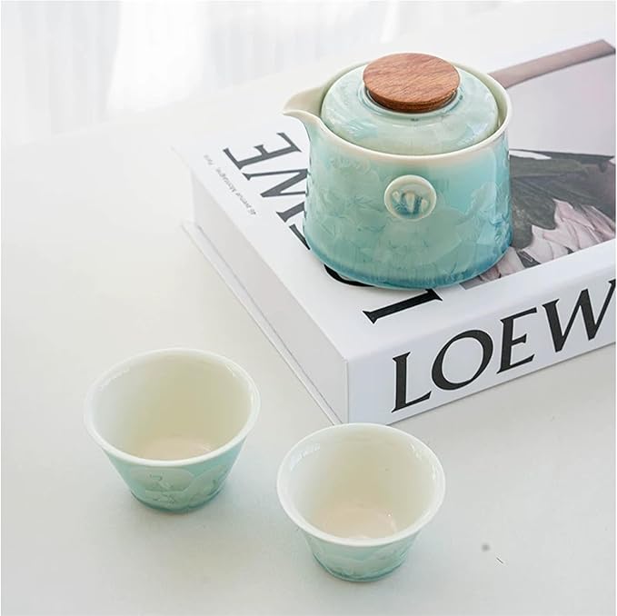 Hermit Life Chinese Travel Tea Set, Portable Ceramic Teapot for One to Two, Gongfu Tea Set with Crystal Glaze, 1 Pot 2 Cups, Gift for Tea Lovers (Mint Green) - Bloomnest