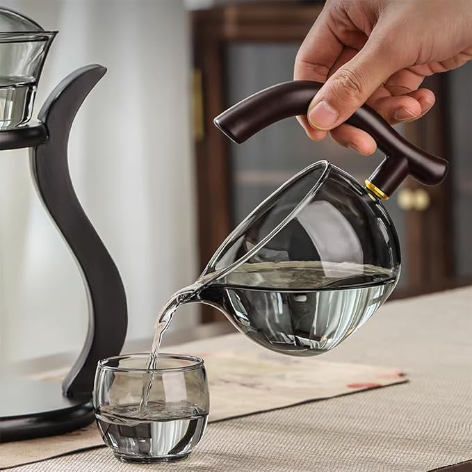 Lazy Kungfu Drip TeaPot, Heat Resistant Tea Set, Semi-Automatic Glass Teapot Suit for Magnetic Water Flow Wooden Glass Teapot Set