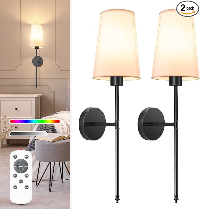 NIORSUN Black Battery Operated Wall Sconce Set of 2,Rechargeable Wall Lights with 5200mAh Dimmable Detachable Bulbs and Remote,9 Colors Wireless Sconces for Bedroom Living Room Hallway - Bloomnest