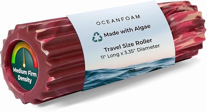 Oceanfoam Ripple Travel Foam Roller (11" x 3.35") Firm Mini Foam Roller for Physical Therapy, Deep Tissue Massage, Back Pain - High Density, Wave Textured - Yoga (Maroon, Blush & Hot Pink Marbled)