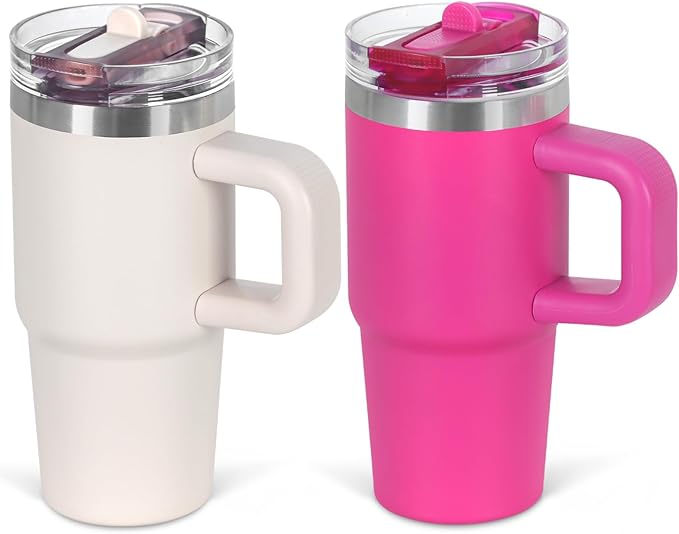 Cosictic 14 Oz Flip Straw Tumbler with Handle for Kids, Stainless Steel Double Wall Insulated Cup for Children with Flip Top Lid, 14 Oz Leak-proof Cups for Kids, Hot Pink and Rose Quartz - Bloomnest