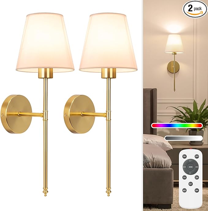 NIORSUN 19.9 inch Battery Operated Wall Sconce Set of 2,Gold Rechargeable Wall Lights with 5200mAh Dimmable Detachable Bulbs and Remote,10 Colors Wireless Sconces for Bedroom Living Room Hallway - Bloomnest