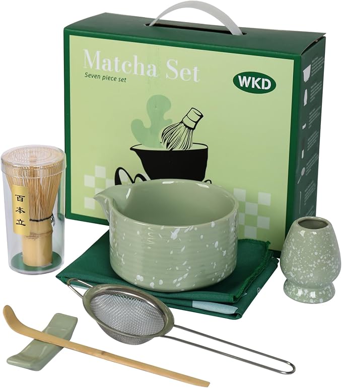 Matcha Bowl and Whisk Set, Ceramic Matcha Set Includes Matcha Bowl with Spout, Whisk & Holder, Bamboo Scoop, Stainless Sifter, Towel, Matcha Kit Making Tools,Light Green,7 PCS - Bloomnest