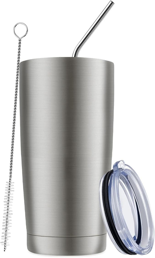 MEWAY 20oz Tumbler Cup Double Wall Vacuum Insulated Travel Mug Bulk, Stainless Steel Tumblers with Lid and Straw, Durable Powder Coated Coffee Cups for Cold & Hot Drinks (Silver, 1) - Bloomnest
