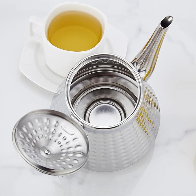 SANQIAHOME 1.6L(54oz) Stainless Steel Hammer Patterned Teapot With Removeable Infuser,Loose leaf cover,Silver - Bloomnest