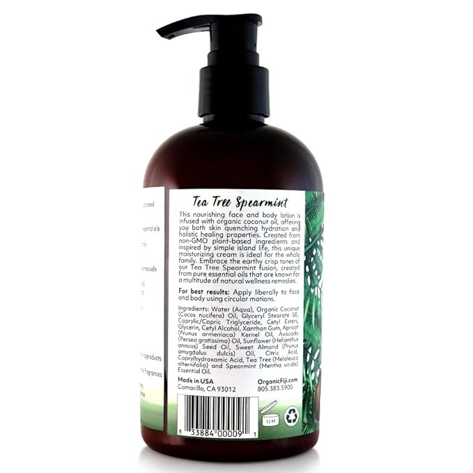 Coco Fiji Face & Body Lotion Infused With Coconut Oil | Lotion for Dry Skin | Moisturizer Face Cream & Massage Lotion for Women & Men | Tea Tree Spearmint 12 oz, Pack of 1 - Bloomnest
