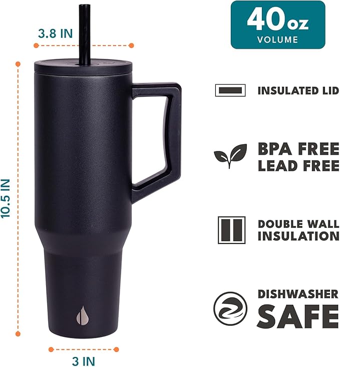 Elemental 40 oz Tumbler with Handle and Straw - Spill Proof Insulated Stainless Steel Commuter for Hot and Cold Beverages - Travel Coffee Mug with 2 Straws & Spill Proof Lid - 40oz - Black - Bloomnest