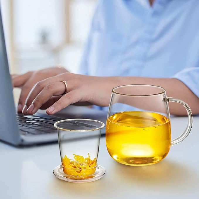 Lezero Glass Tea Cup with Strainer and Lid Gift Kit, Borosilicate Infuser Mugs with Filter for Blooming & Loose Leaf Tea, Heat Resistance, Lead-free, Microwave & Dishwasher Safe, 17oz - Bloomnest