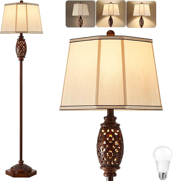 Luvkczc Vintage Floor Lamp - Brown Carved Resin with Hollow Light Design, Rustic Standing Lamp for Living Room, Bedroom, Study(Bulb Included) - Bloomnest
