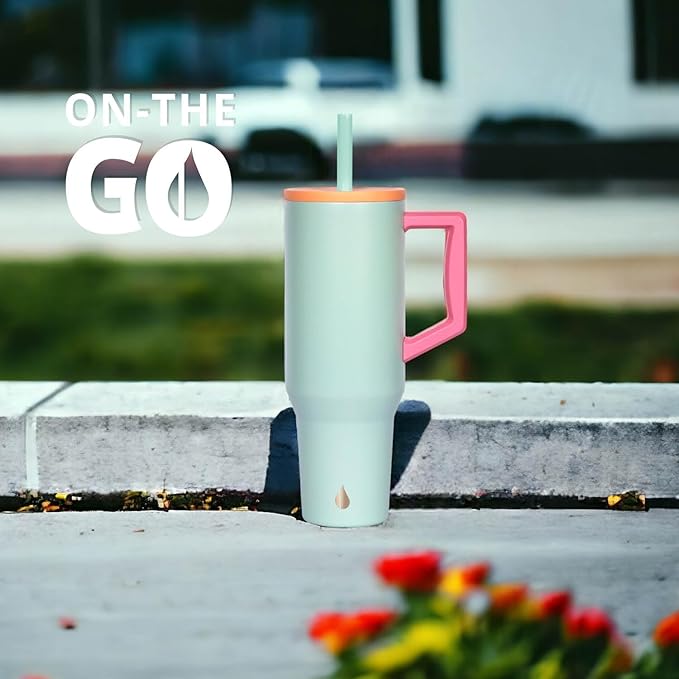 Elemental 40 oz Tumbler with Handle and Straw - Spill Proof Insulated Stainless Steel Commuter for Hot and Cold Beverages - Travel Coffee Mug with 2 Straws & Spill Proof Lid - 40oz - Mint Sorbet - Bloomnest