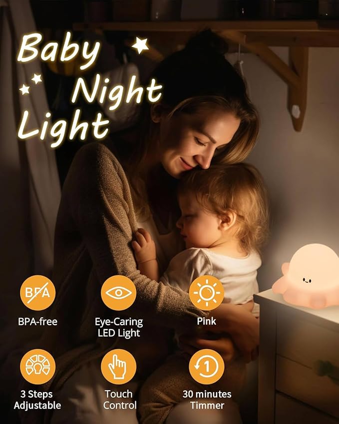 Cute Octopus Rechargeable Silicone Night Light for Kids, Dimmable Touch Control Nightlight with Timer, Portable USB Baby Night Lamp for Nursery, Bedroom - Bloomnest