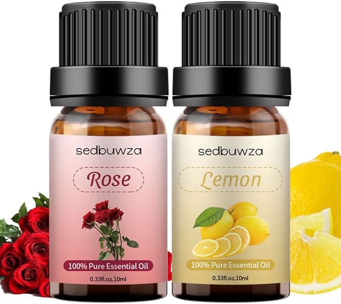 Sedbuwza Rose Lemon Essential Oil Set, Rose Fragrance Oil Lemon Scent Oil Set for Diffuser, Aromatherapy, Massage, Soap, Candle Making 2 x 10 ml Sedbuwza