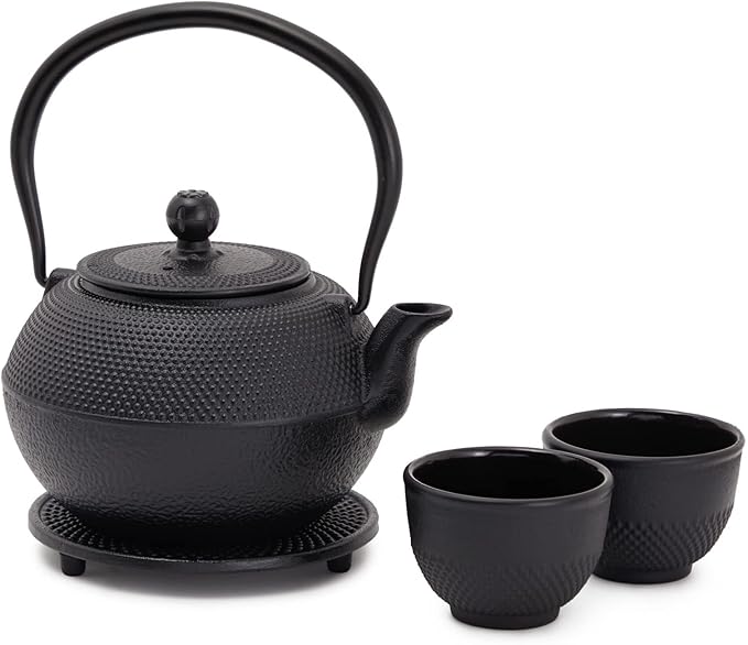 Juvale Cast Iron Teapot - 1200 mL, Black, 2 Cups - Japanese Tea Set with Stainless Steel Infuser & Stovetop Kettle for Loose Leaf Tea