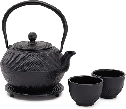 Juvale Cast Iron Teapot - 1200 mL, Black, 2 Cups - Japanese Tea Set with Stainless Steel Infuser & Stovetop Kettle for Loose Leaf Tea