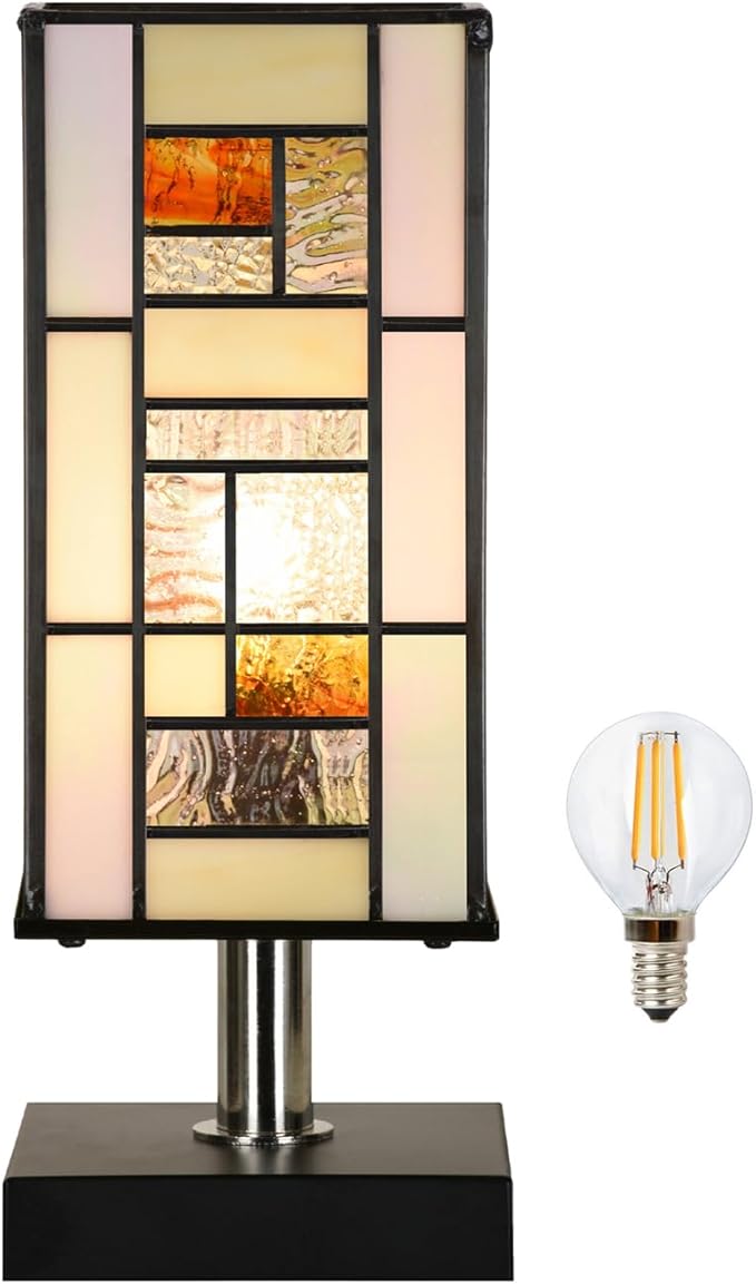 TL0013 Small Retangular Tiffany Lamp Stained Glass Uplight Table Lamp, Mission Style Geometric Desk Nightstand Lamp for Bedroom Living Room Office Dorm, 4.5" W x 11" H, LED Bulb Included - Bloomnest