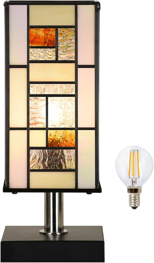 TL0013 Small Retangular Tiffany Lamp Stained Glass Uplight Table Lamp, Mission Style Geometric Desk Nightstand Lamp for Bedroom Living Room Office Dorm, 4.5" W x 11" H, LED Bulb Included - Bloomnest