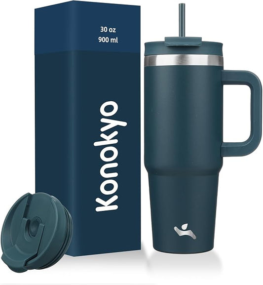 30 oz Tumbler with Handle and 2 Straws,2 in 1 Lid Insulated Water Bottle Stainless Steel Travel Coffee Mug,Navy blue - Bloomnest
