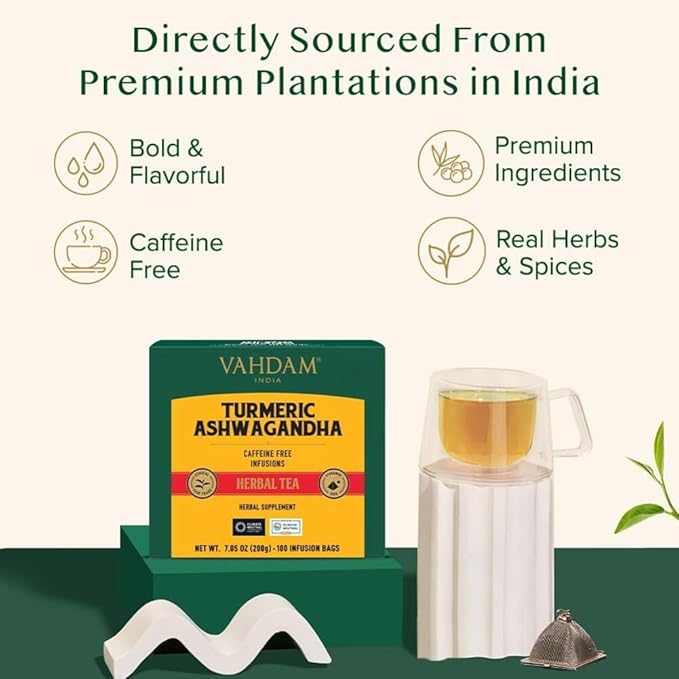 VAHDAM, Turmeric Ashwagandha Herbal Tea Bags (100 Count) Caffeine Free, Non GMO, Gluten Free | 100% Pure Herbal Blend - Sweet & Earthy | Whole Leaf Tea Bags | Resealable Ziplock Pouch - Bloomnest