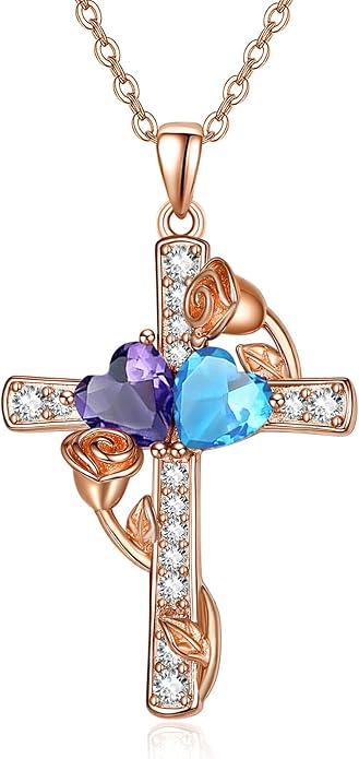 Rose Gold Dual Birthstones Cross Necklace for Women Rose Flower Jewelry Anniversary Christmas Mother's Valentine's Day Birthday Gift for Wife Girlfriend Mom - Bloomnest