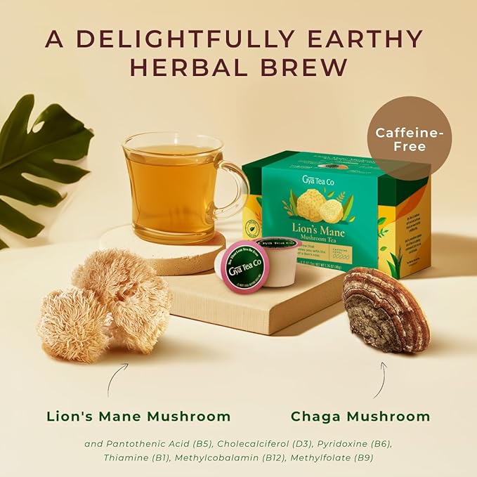Gya Tea Co Lion's Mane Mushroom Tea Gift Set (16 Count) - Decaf Tea Pod for Lovers Get Well Gifts - Manually Harvested - Enjoy Hot or Iced - Bloomnest