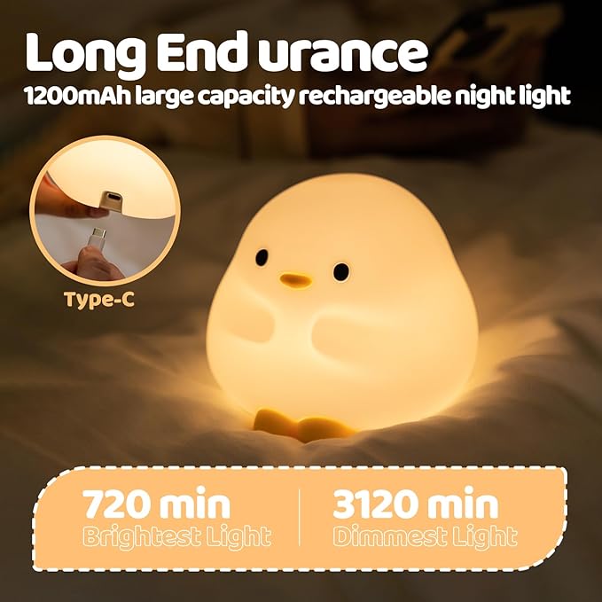 Duck Silicone Night Light for Kids - Color Changing LED Lamp with Soft Touch, USB Rechargeable & Long Battery - Cute Touch Control Duck Light for Kids Room & Birthday Gifts - Bloomnest