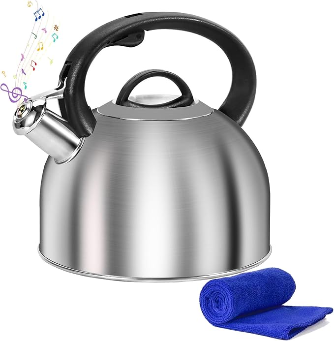 Whistling Stovetop Tea Kettle, 3L Food-Grade 304 Stainless Steel Teapot, Ergonomic Handle,Hot Water Quick Boil,All Metal Stove Kettle Rust Resistant and Durable,With Anti-Scald Towel(Silver) - Bloomnest