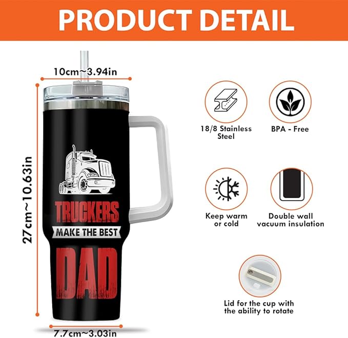 Personalized Trucker Dad Tumbler 40oz with Handle and Straw, Custom Semi Truck Design with Kids’ Names, Gift for Truck Driver Papa or Grandpa for Father’s Day, Birthday or Christmas - Bloomnest