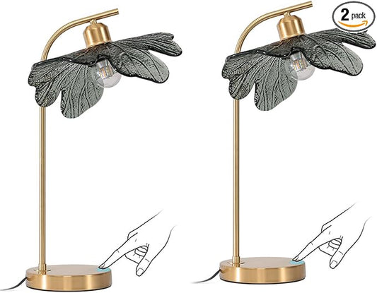 2 Pack Gold Table lamp Mid CenturyTable Lamps with Touch Switch Dark Green Glass Shade nightstand lamp Side Desk lamp Small Table lamp Glass Table Light for end Table Bedroom Farmhouse - Bloomnest