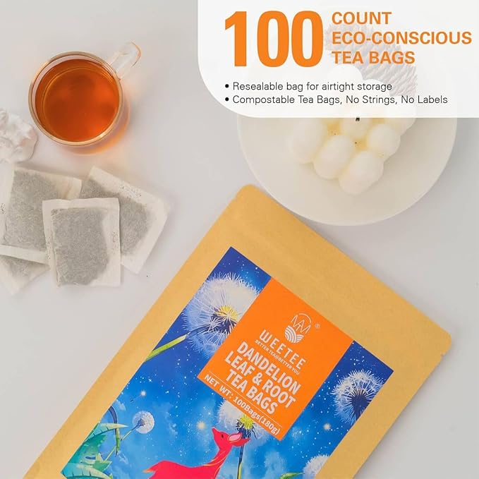 WT WEETEE Dandelion Leaf & Root Tea Bags, 100% Pure Dandelion Leaf and Roasted Dandelion Root Blend, Natural Caffeine-free Herbal Tea 2g x 100 Counts - Bloomnest