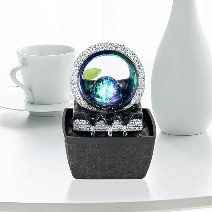 Tabletop Water Fountains, 3 Gears Desktop Fountain Indoor with Led Rolling Ball, Table Top Small Water Feature Interior Zen Relaxation Decor for Home Bedroom Living Room Office Apartment - Bloomnest