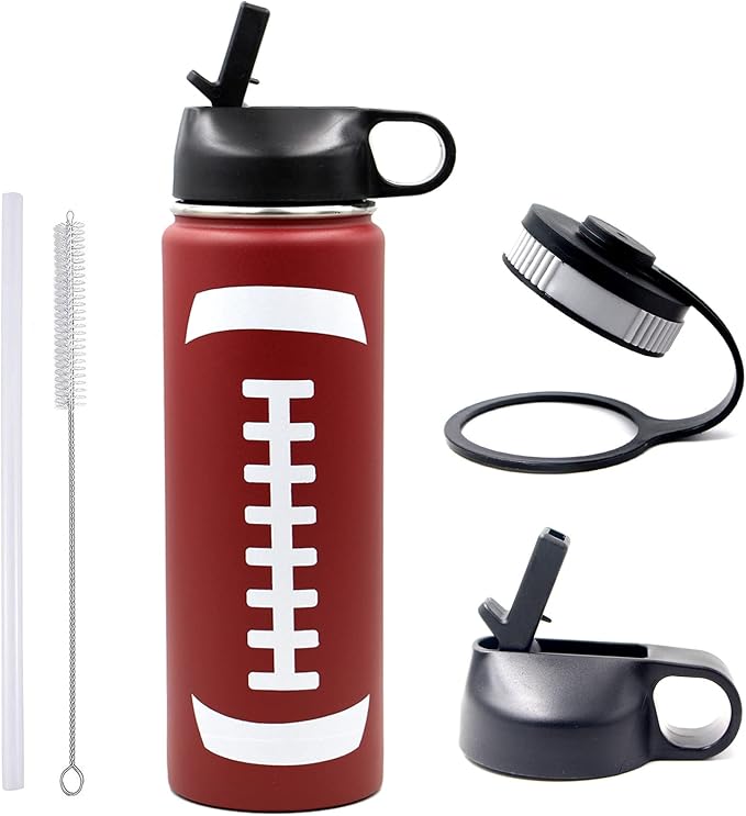 22 oz Football Water Bottle with Straw, Sports Flask Metal Travel Tumbler with 2 Lids, Stainless Steel Double Wall Vacuum Insulated Leak Proof Thermo Water Bottles, Football Gear Gifts for Boys Girls - Bloomnest