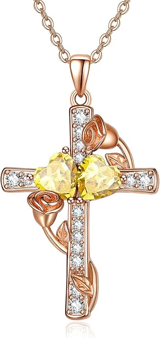 Rose Gold Dual Birthstones Cross Necklace for Women Rose Flower Jewelry Anniversary Christmas Mother's Valentine's Day Birthday Gift for Wife Girlfriend Mom - Bloomnest