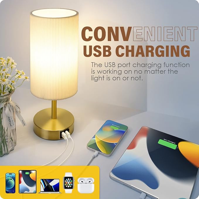 Bedside Lamp with USB port - Touch Control Table Lamp for Bedroom Wood 3 Way Dimmable Nightstand Lamp with Round Pleated Shade for Living Room, Dorm, Home Office (LED Bulb Included) (Pleated) - Bloomnest
