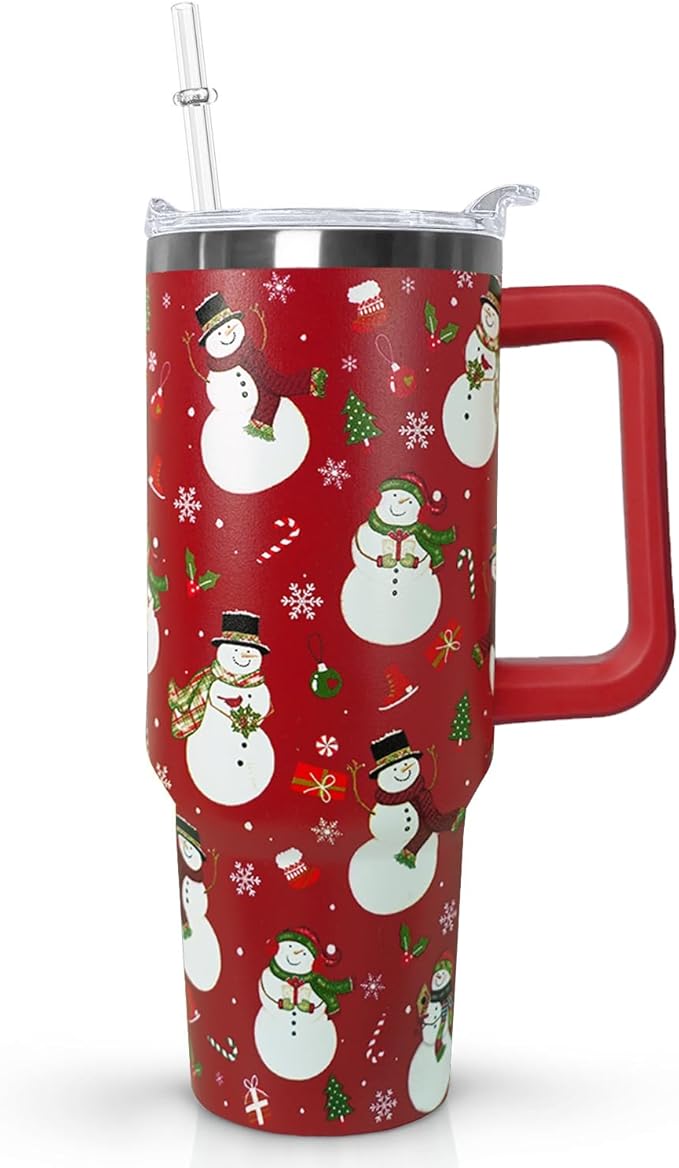 Ceovfoi 40 Oz Christmas Snowman Tumbler Coffee Travel Mug Cup with Handle, Snowman Decor, Christmas Gifts for Women - Bloomnest
