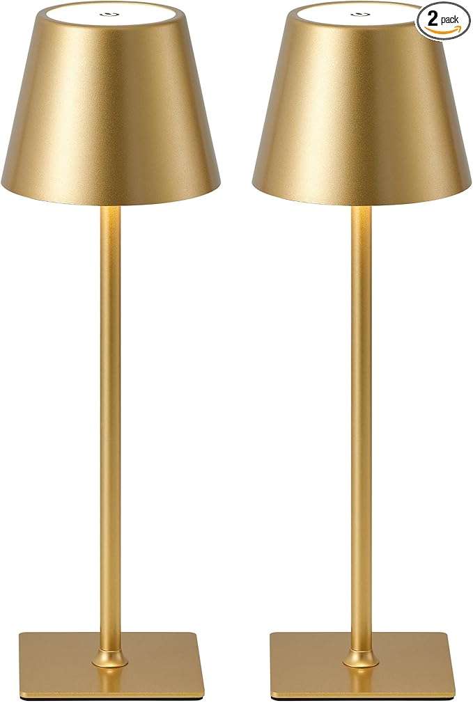 KDG 2 Pack Cordless Table Lamp, Portable LED Desk Lamps, 5000mAh Battery Operated, 3 Color Stepless Dimming Up, for Restaurant, Bedroom, Outdoor Camping, Coffee Shop, Night Light, Rechargeable (Gold) - Bloomnest