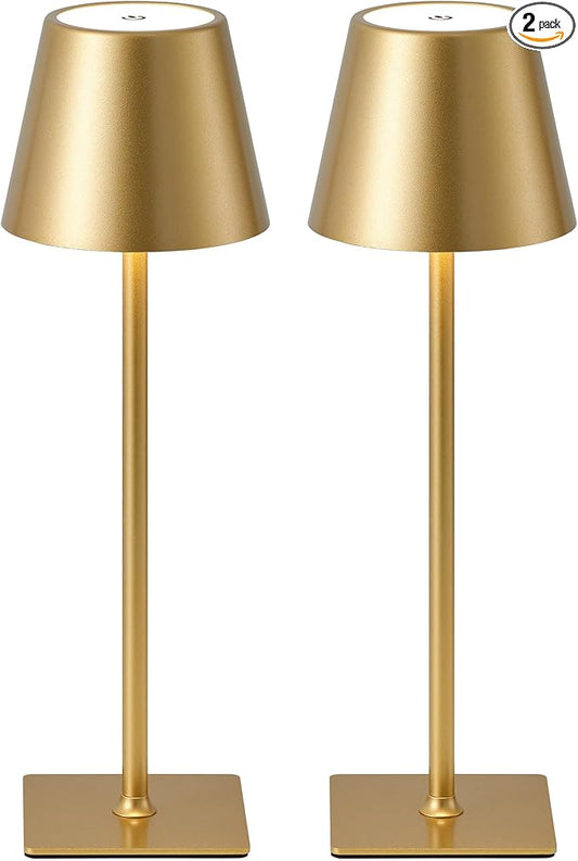 KDG 2 Pack Cordless Table Lamp, Portable LED Desk Lamps, 5000mAh Battery Operated, 3 Color Stepless Dimming Up, for Restaurant, Bedroom, Outdoor Camping, Coffee Shop, Night Light, Rechargeable (Gold) - Bloomnest