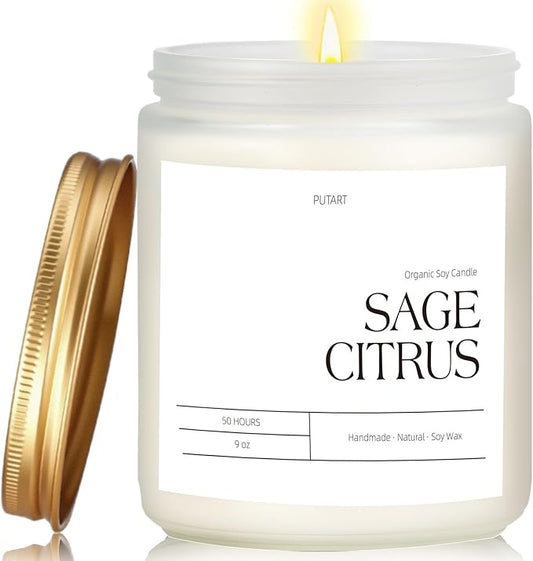Sage Citrus Candles for Home Scented, 9oz Natural Soy Aromatherapy Non Toxic Candles with Long Lasting Fragrance & Clean Burn, Luxury Jar Candle Gift for Women, Men, Home Decoration, White - Bloomnest
